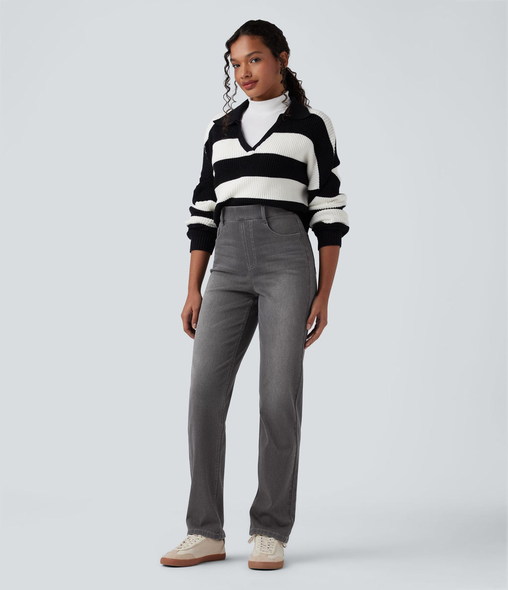 Halara Flex™ Jean casual délavé jambe droite taille haute gainant avec poches