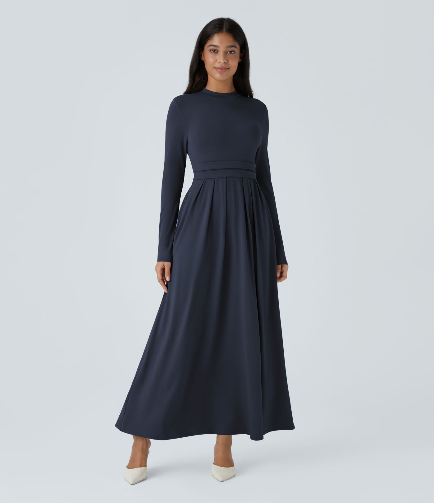 Robe longue décontractée à col montant, manches longues, plissée, avec poches latérales et coupe évasée