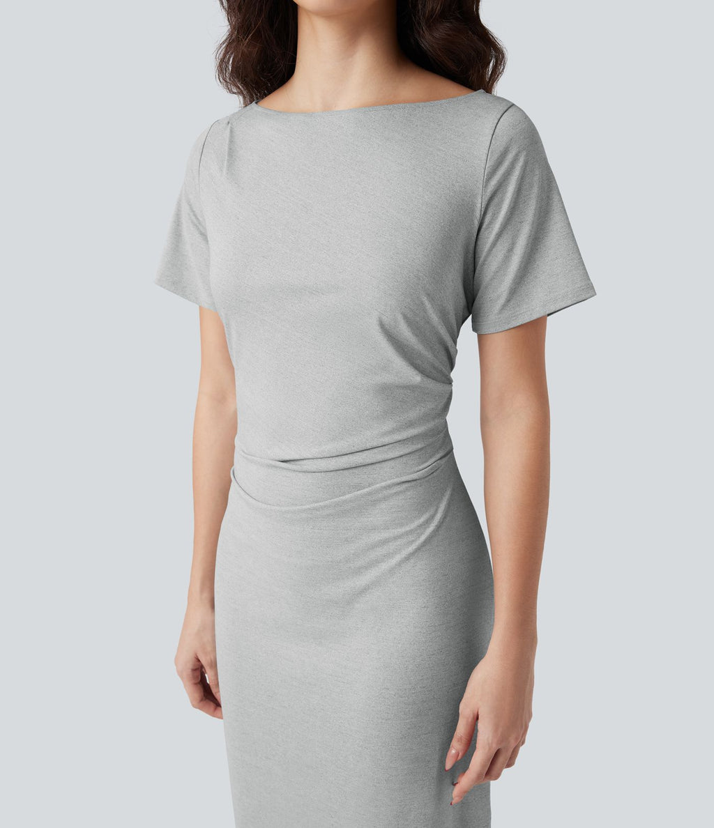Robe tailleur mi-longue moulante manches courtes froncée