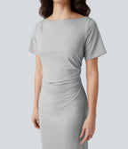 Robe tailleur mi-longue moulante manches courtes froncée