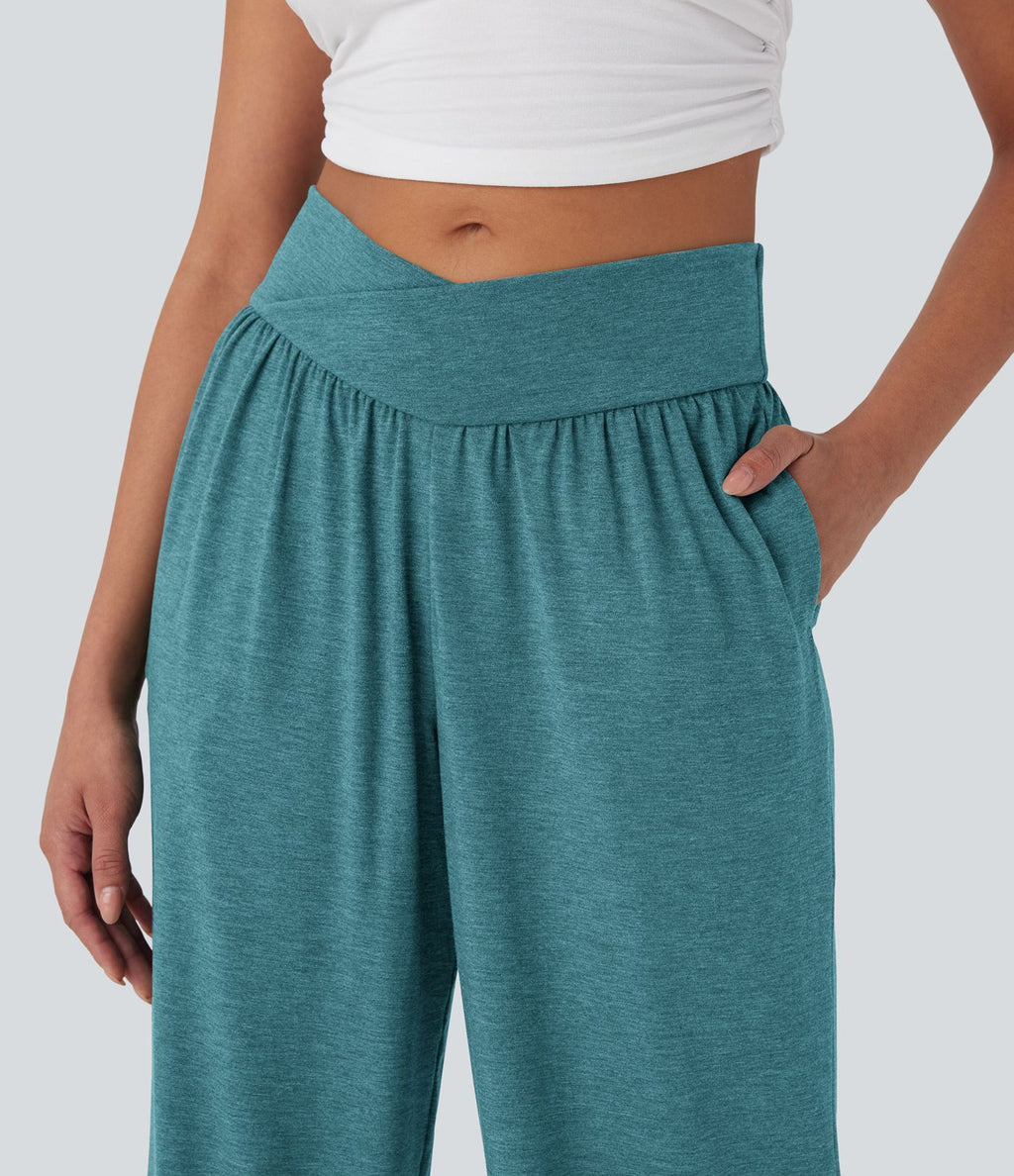 Pantalon de jogging décontracté à taille haute croisée avec poches latérales et cordon de serrage