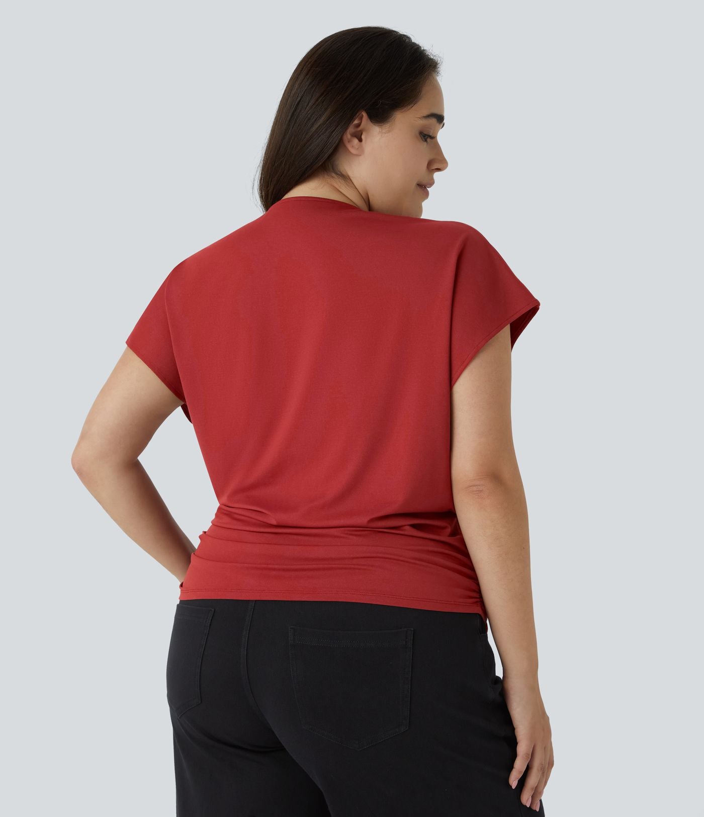 Blouse Travail Unie Froncée Croisée Manches Courtes Col en V Grande Taille