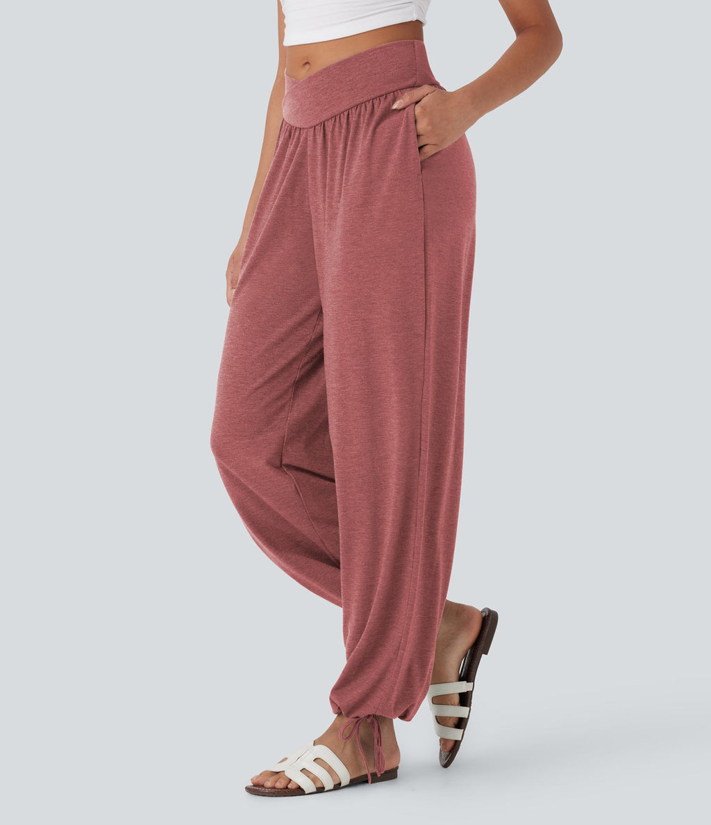 Pantalon de jogging décontracté à taille haute croisée avec poches latérales et cordon de serrage