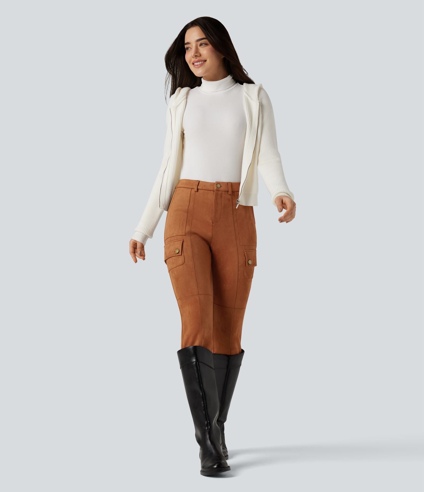 Pantalon cargo équestre en suède, taille haute, avec poches