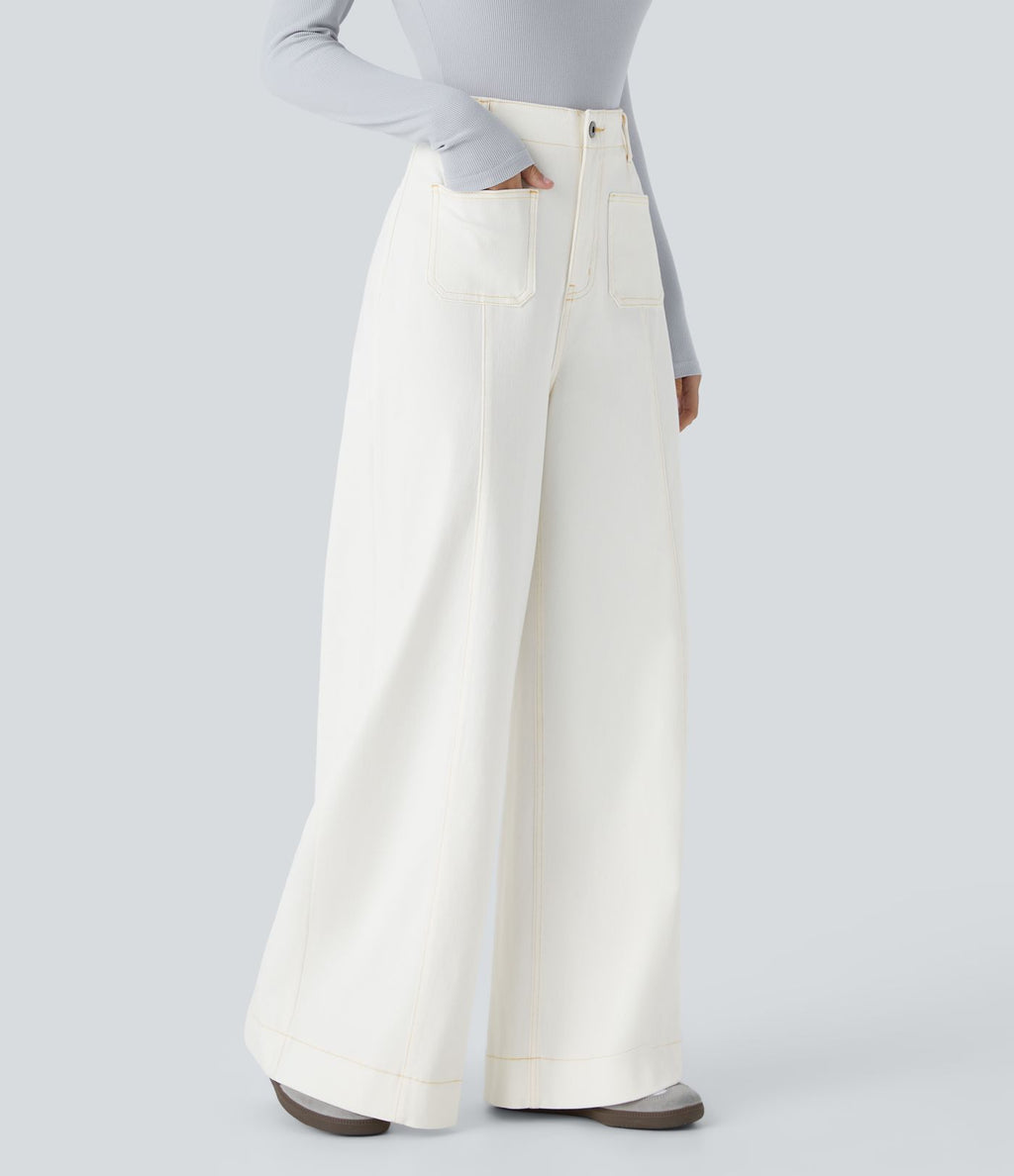 Halara Flex™ Jean large Palazzo et Taille Haute avec Poches Avant en Tricot Extensible Lavé