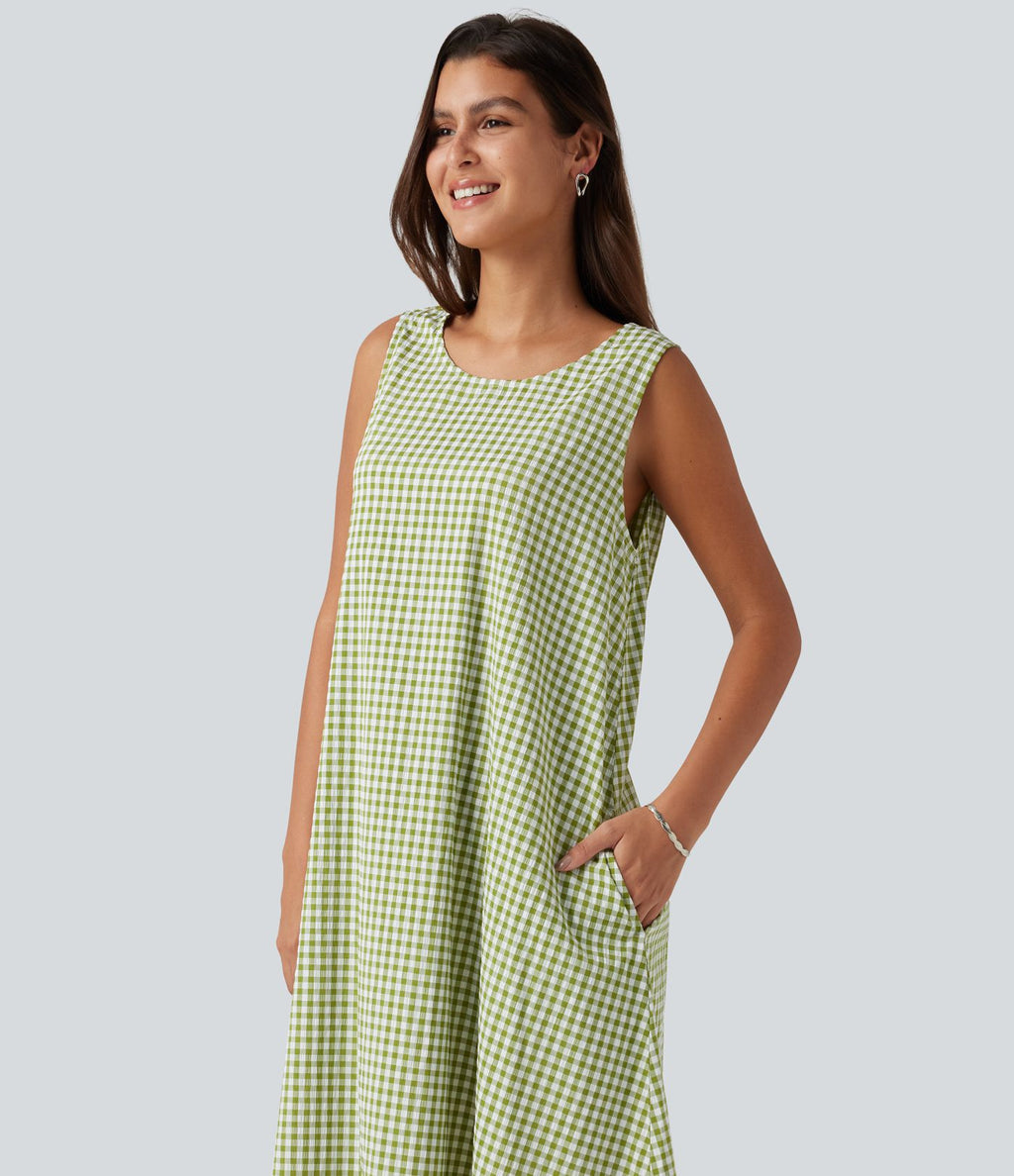 Robe débardeur midi décontractée en vichy froissé, col rond, sans manches, à poches