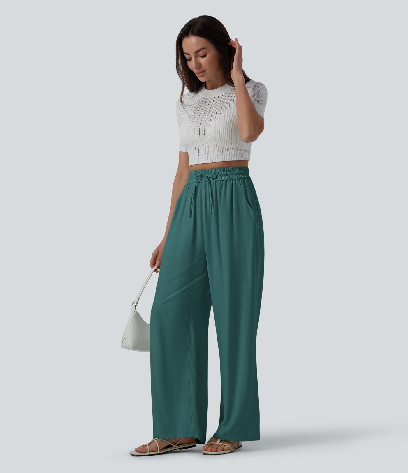 Pantalon casual large fluide mélange lin taille haute avec cordon de serrage et poches