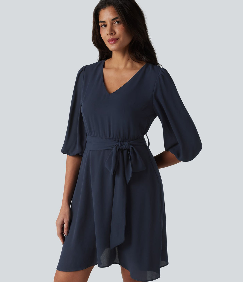 Robe courte casual col V à manches trois-quarts bouffantes, ceinturée