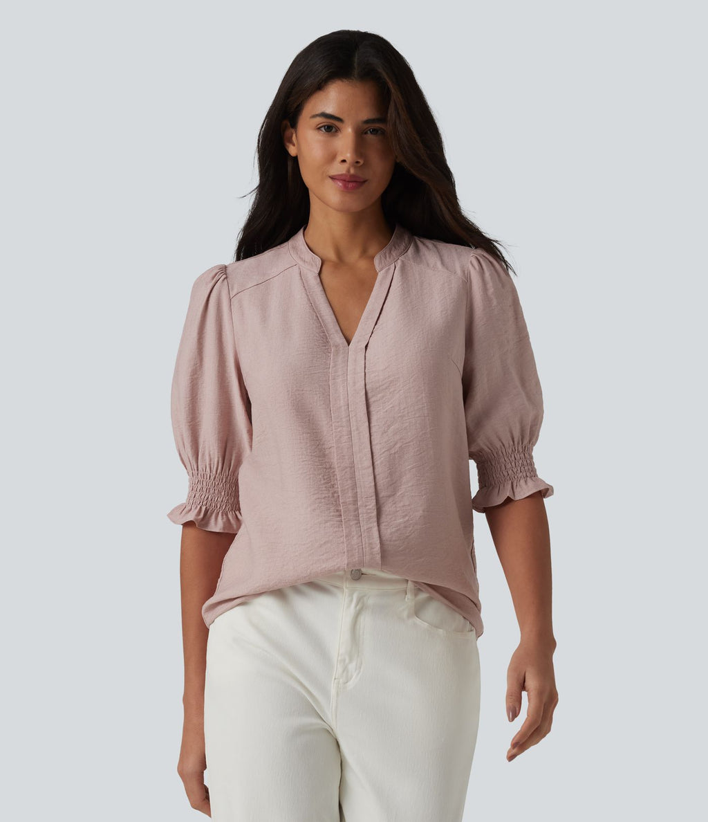 Blouse décontractée à col en V et manches courtes bouffantes