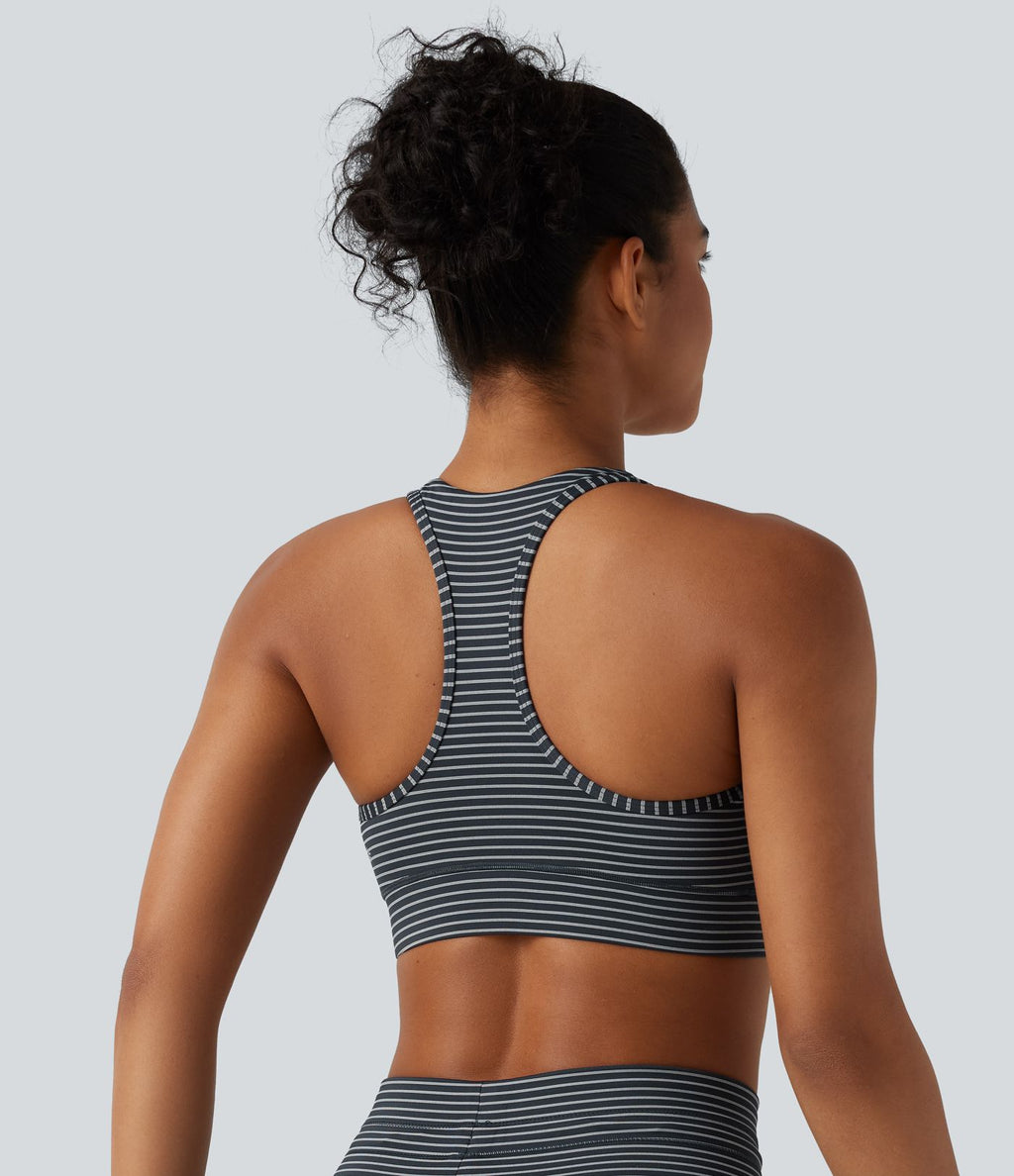 Brassière de sport col V dos nageur maintien moyen à rayures