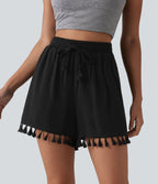 Short ample de vacances en mélange de lin taille haute avec cordon de serrage et ourlet à franges à poches