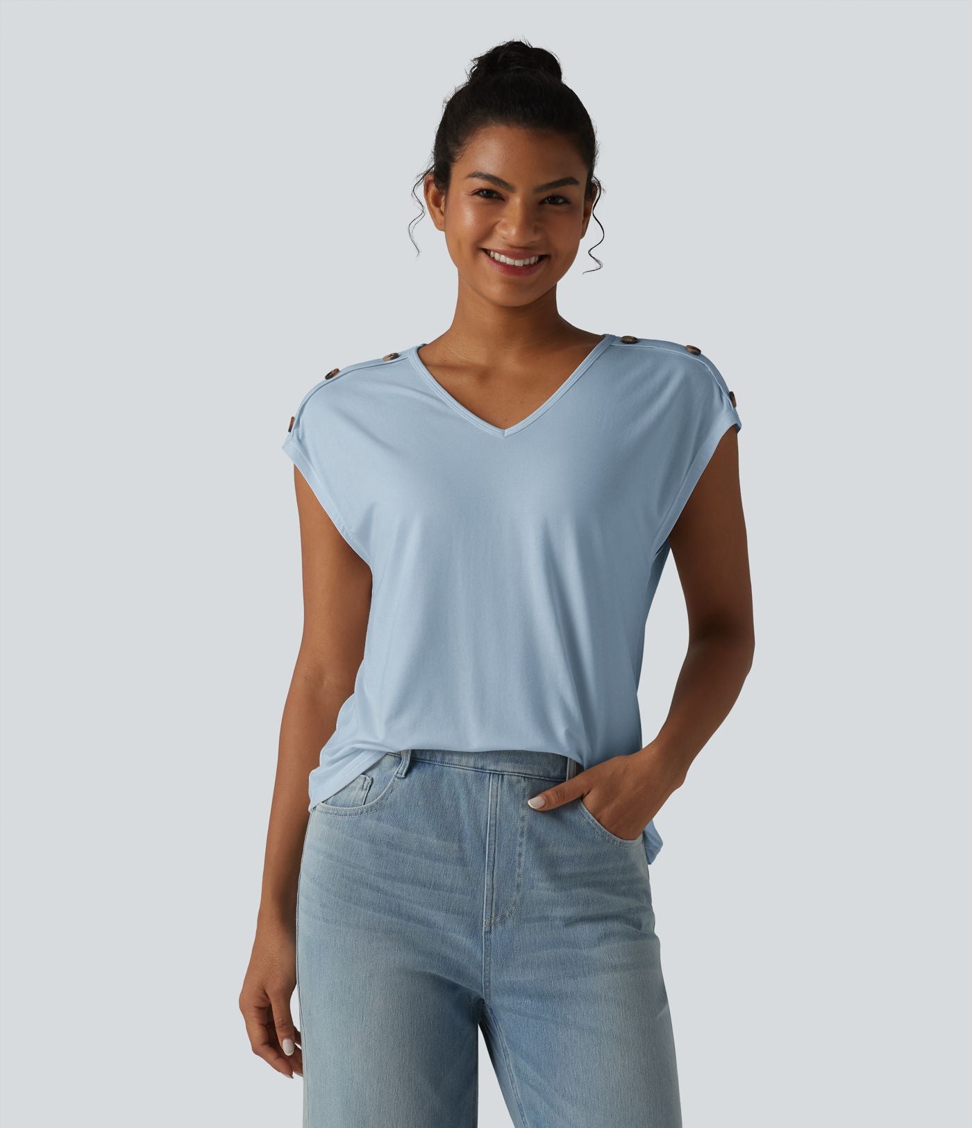 T-shirt décontracté col V manches courtes boutons décoratifs