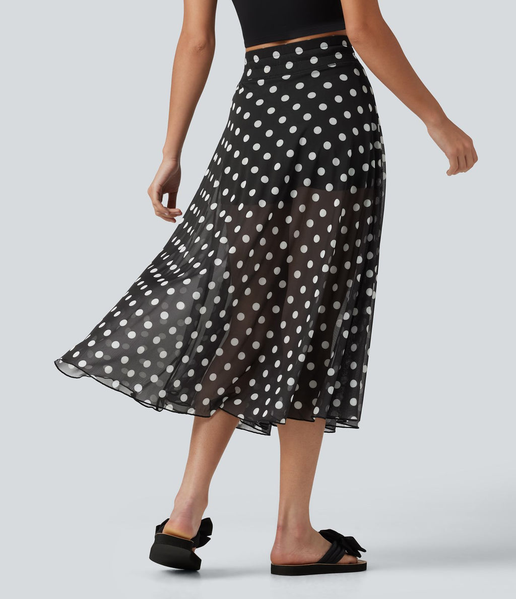 Jupe-short midi fluide évasée taille haute style vacances en mesh à pois avec cordon de serrage et poches