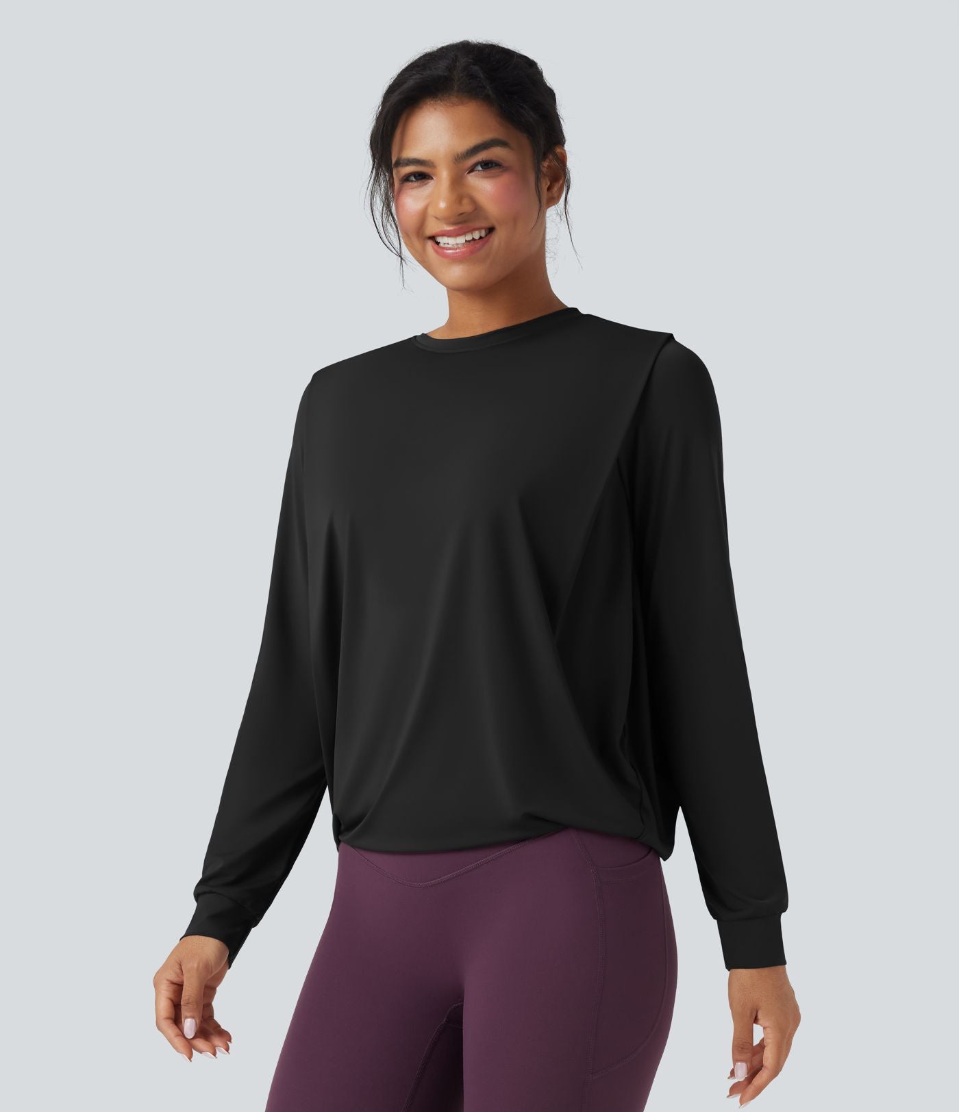 Haut de sport yoga col rond manches longues froncé - UPF50+
