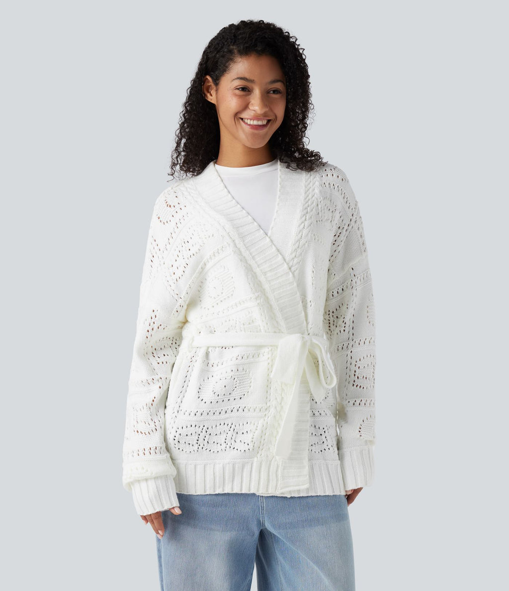 Cardigan décontracté en maille tricotée à manches longues avec ceinture et ouverture devant