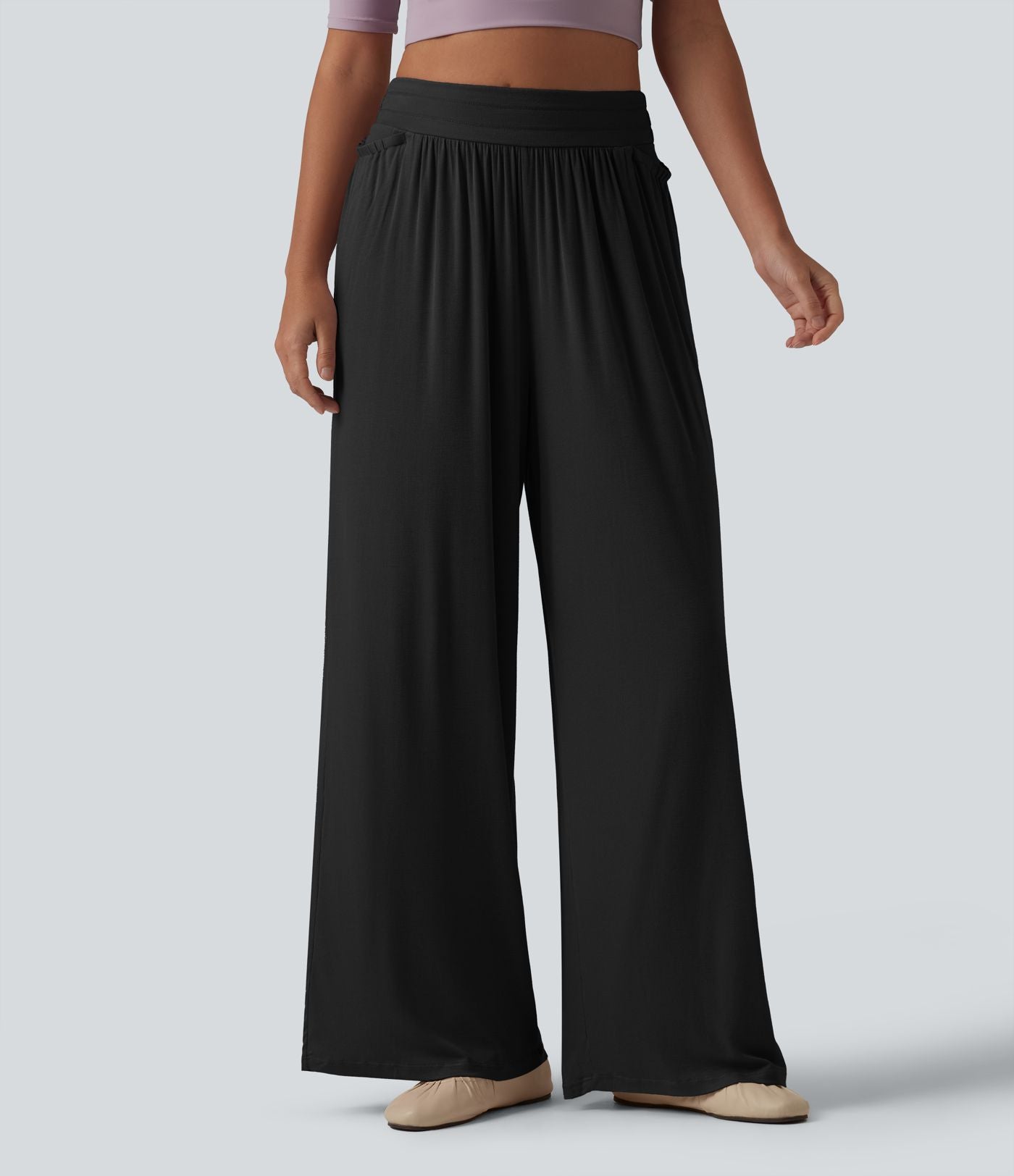 Pantalon ample décontracté côtelé taille haute ventre plat avec poches