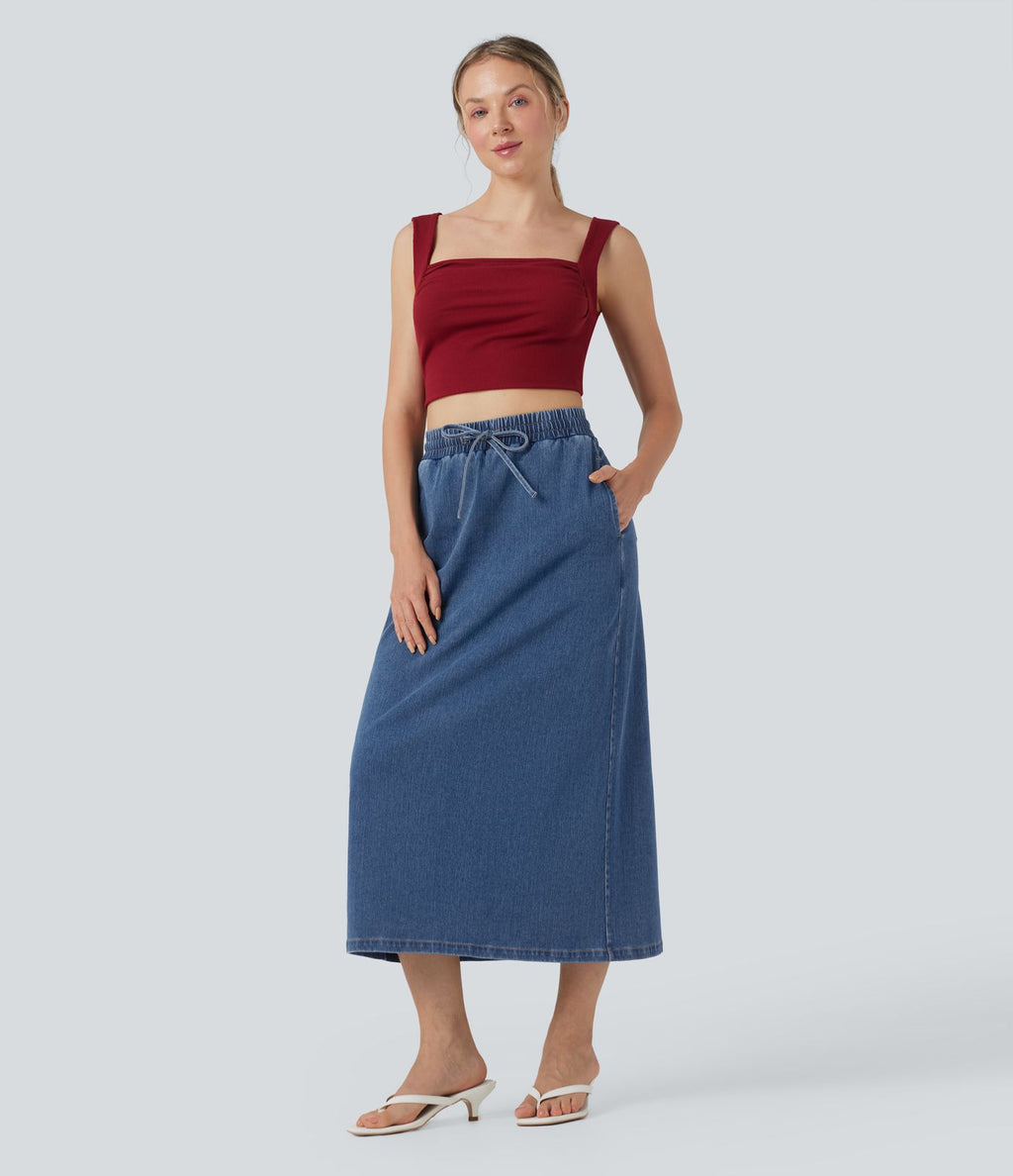 Jupe midi décontractée en denim Halara Flex™ taille haute avec cordon, fente et poches