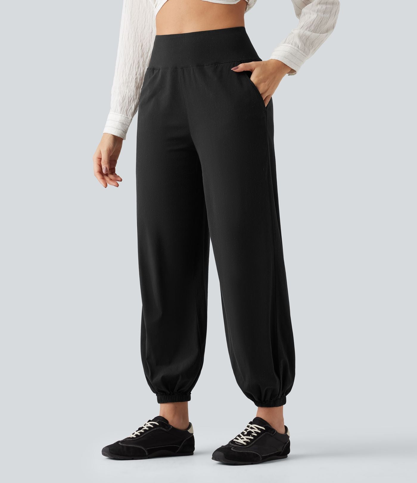 Pantalon de jogging taille haute en lin stretch avec poches