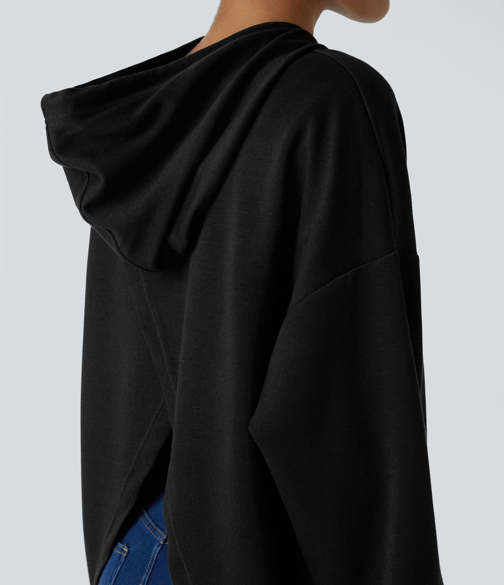 Sweat-shirt décontracté à capuche avec cordon de serrage, manches longues, poche kangourou, coupe croisée et fente