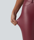 Legging 7/8 casual taille haute extensible en simili cuir avec poches