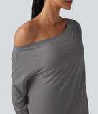 Top de sport yoga une épaule séchage rapide ourlet arrondi asymétrique manches longues avec trous pouces - Brassière intégrée