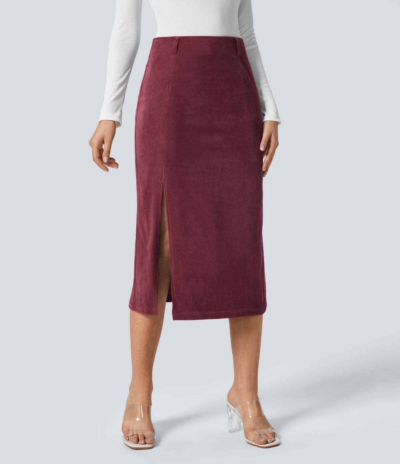 Jupe Casual en Velours Côtelé Mi-longue Taille Haute Fermeture Éclair Invisible et Fente fendue