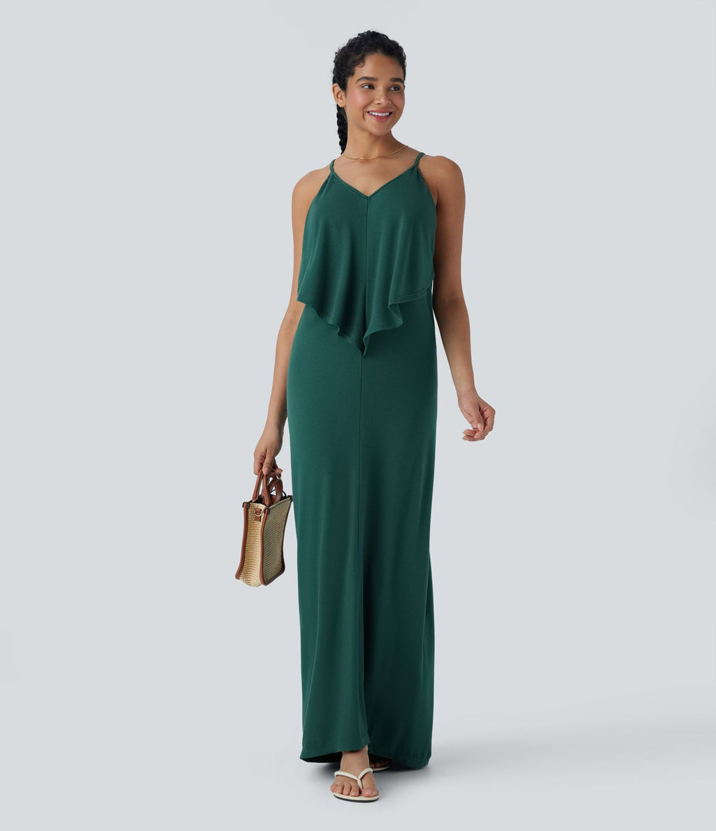 Robe Longue de Vacances avec Col V Dos Nu à Nouer et Fronces