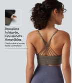Brassière de yoga côtelée maintien léger à col V avec bretelles croisées et coussinets amovibles
