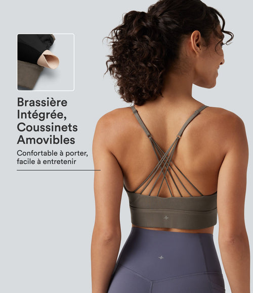 Brassière de yoga côtelée maintien léger à col V avec bretelles croisées et coussinets amovibles