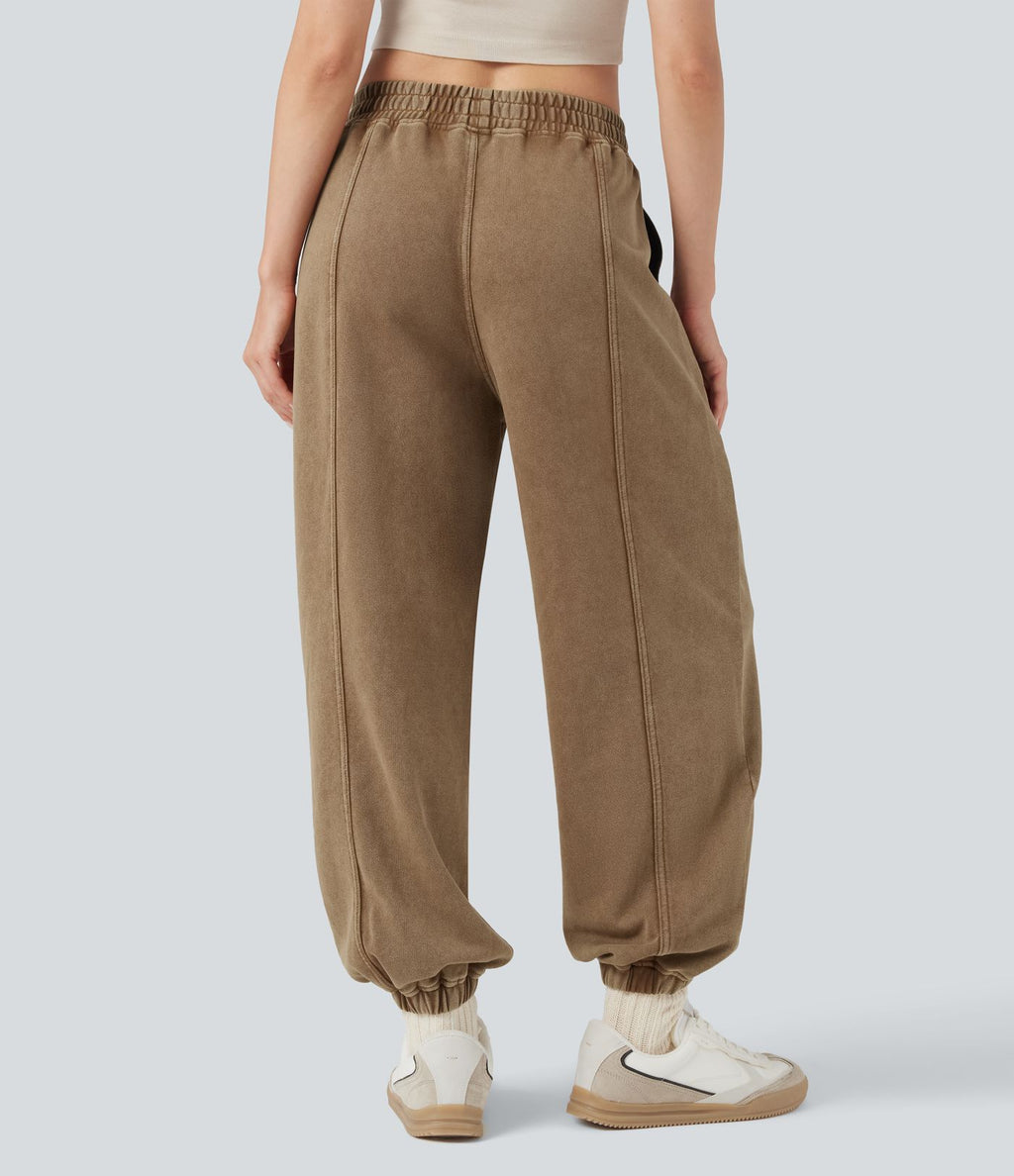 Pantalon jogging coton molleton français délavé taille mi-haute avec poches