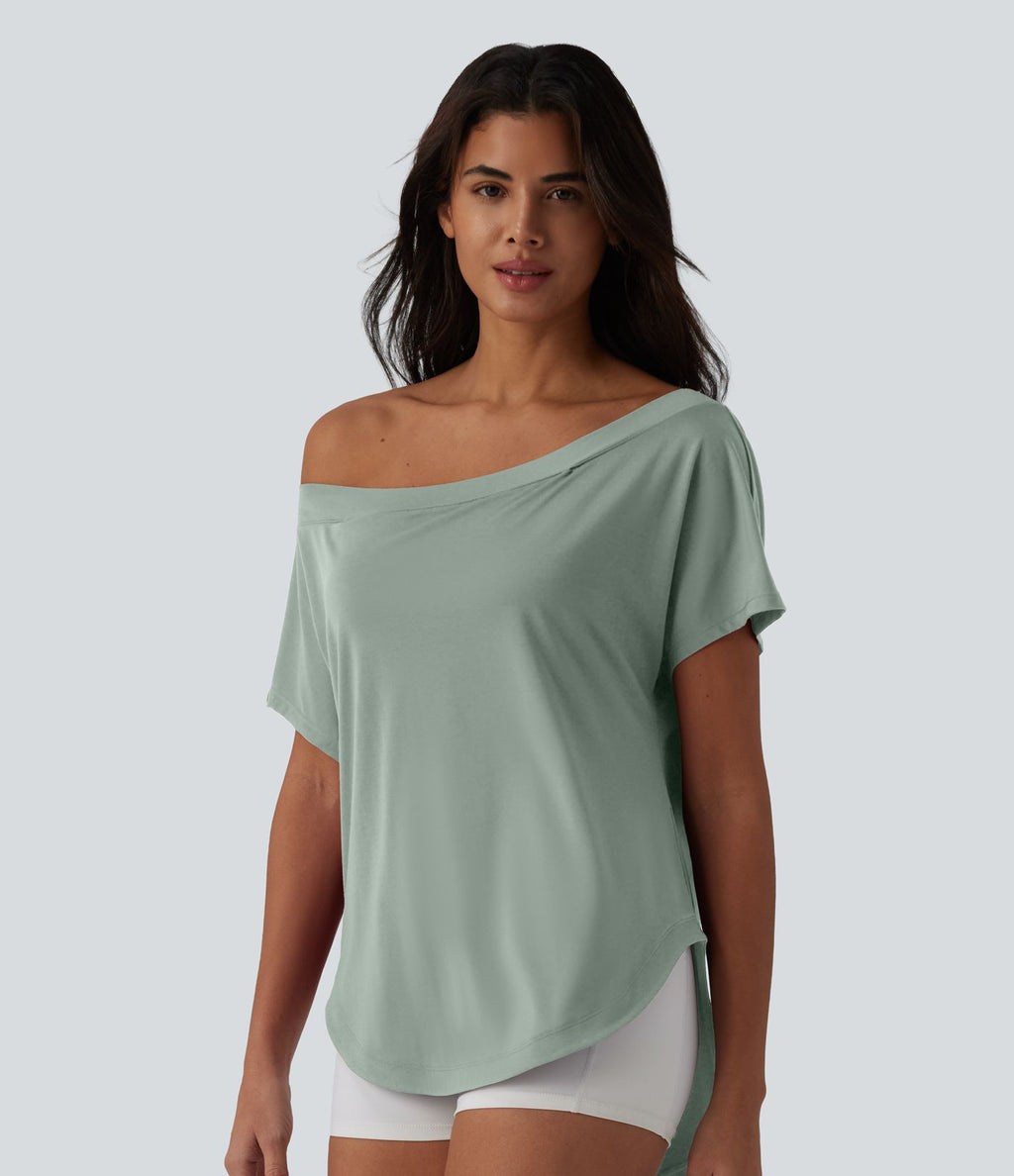 Top de sport yoga asymétrique à épaule dénudée manches courtes ourlet arrondi et coupe asymétrique à séchage rapide – Soutien-gorge intégré