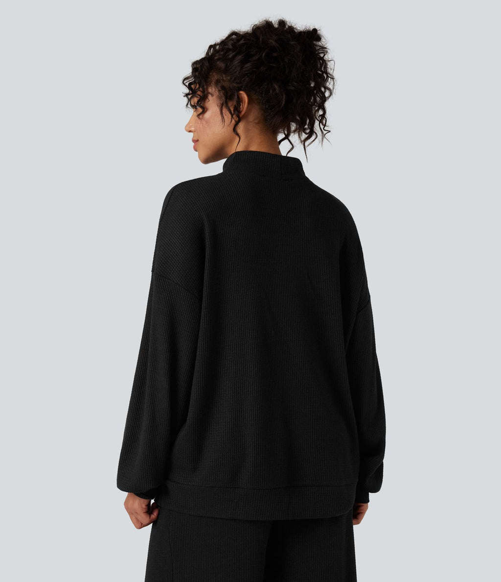 Sweat-shirt gaufré col montant manches longues coupe décontractée avec poches
