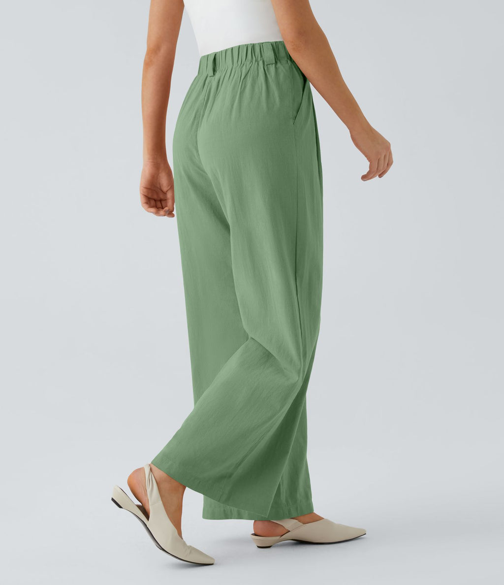 Pantalon Fluide Large Taille Haute Poches Latérales Palazzo Solide Casual Linen-Feel