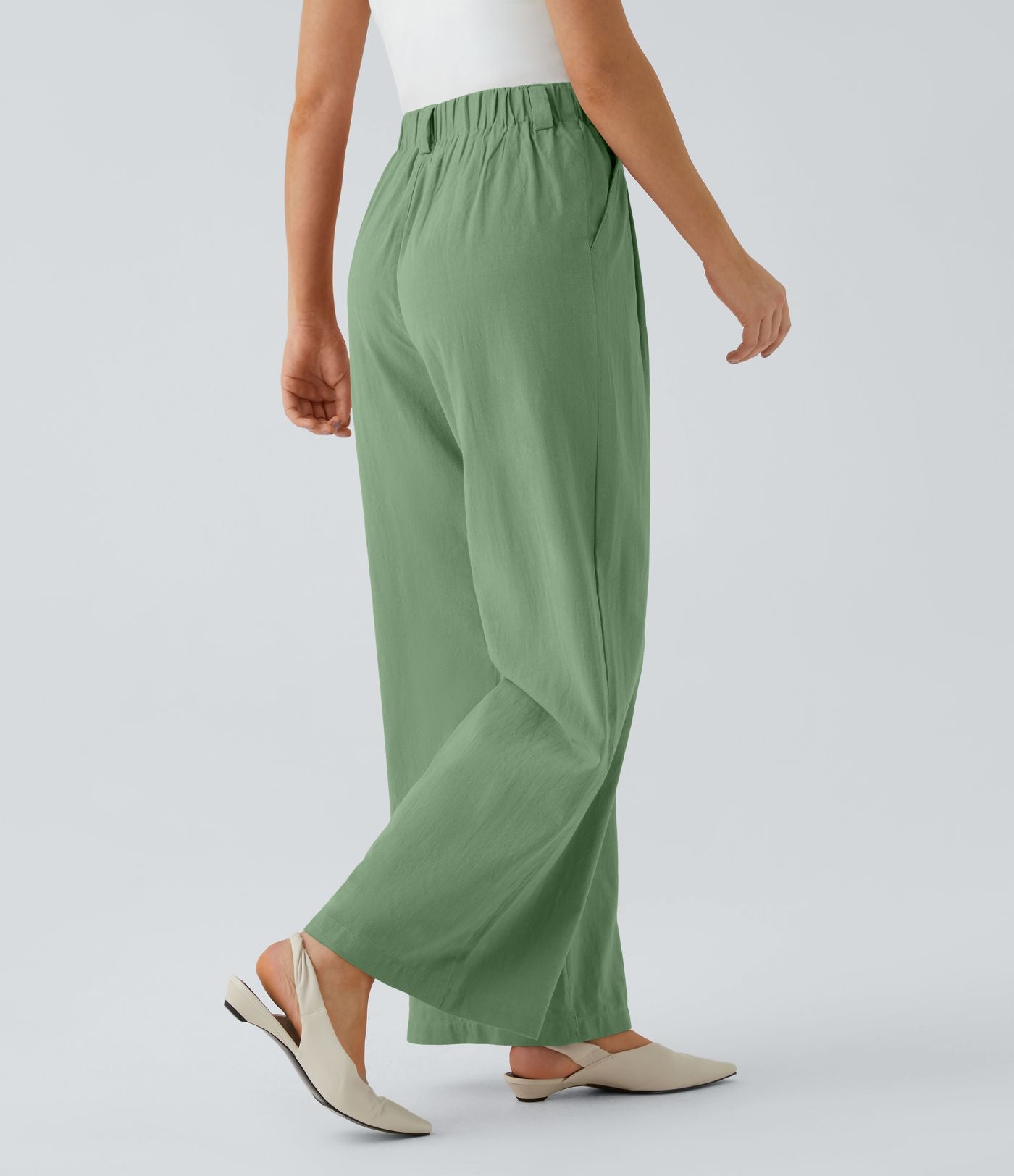 Pantalon Fluide Large Taille Haute Poches Latérales Palazzo Solide Casual Linen-Feel