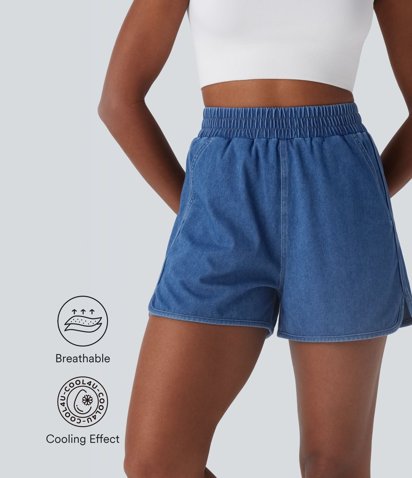 Short en jean extensible délavé Halara Flex™ taille haute avec ourlet arrondi fendu effet frais InstantCool et poches