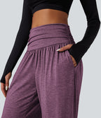 Pantalon de yoga large froncé chiné taille haute avec poches