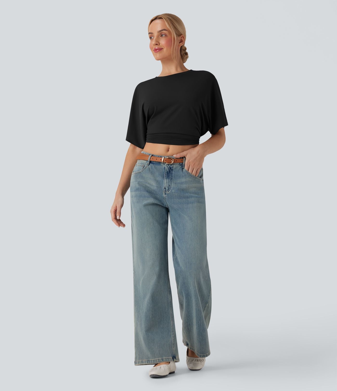 Haut casual crop col rond manches courtes fentes liens dos