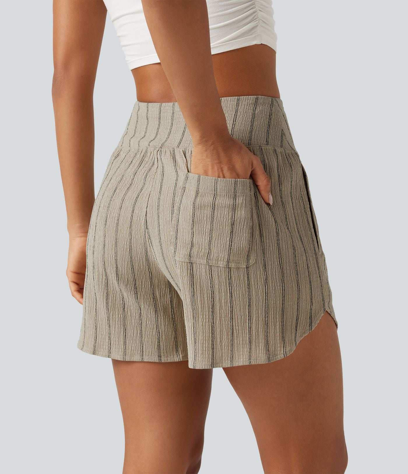 Short casual taille haute ourlet arrondi rayures avec poches