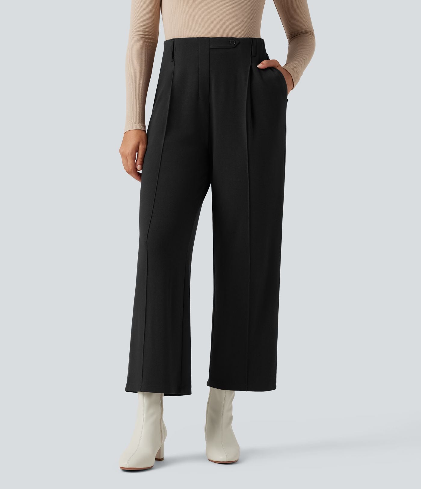 Pantalon tailleur thermique taille haute avec poches