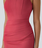 Robe corset midi moulante ruchée à encolure carrée, dos nu, brassière intégrée