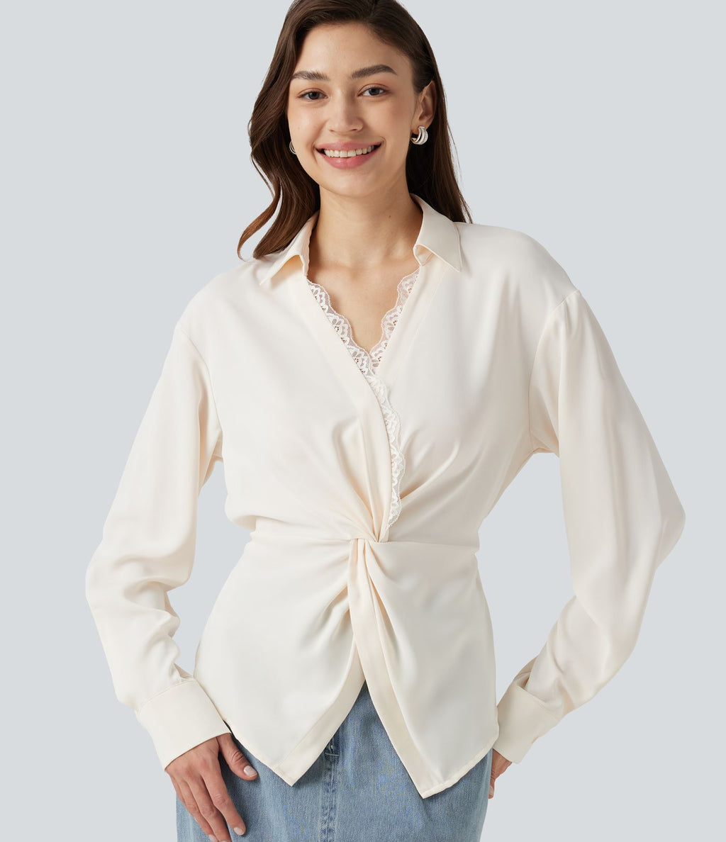 Chemise esprit bureau défroissage facile, col V, dentelle contrastée, manches longues, lien au dos et détail torsadé