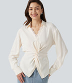 Chemise esprit bureau défroissage facile, col V, dentelle contrastée, manches longues, lien au dos et détail torsadé