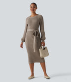 Robe pull midi casual col rond à manches longues, ceinturée