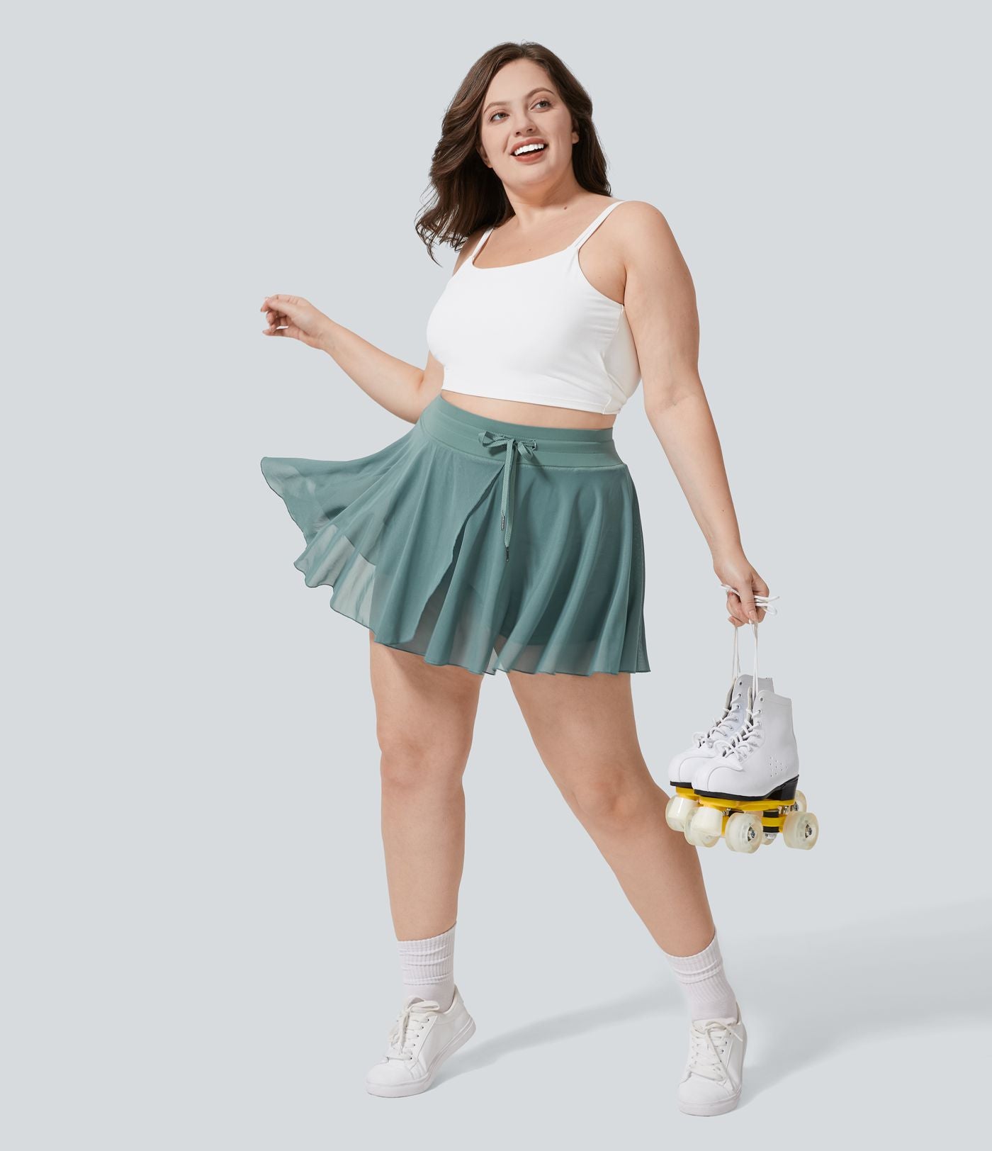 Taille haute Cordon Contraste Maille 2-en-1 Poche Latérale Fluide Mini Flare Décontracté Grande Taille Jupe