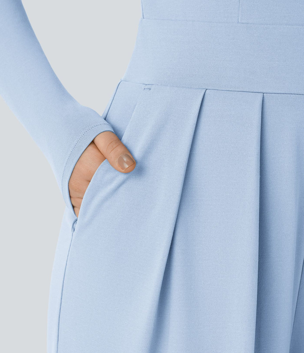 Combinaison Casual à Manches Longues Décolleté en V et Dos Nu Avec Poches Latérales Plissées et Jambes Larges
