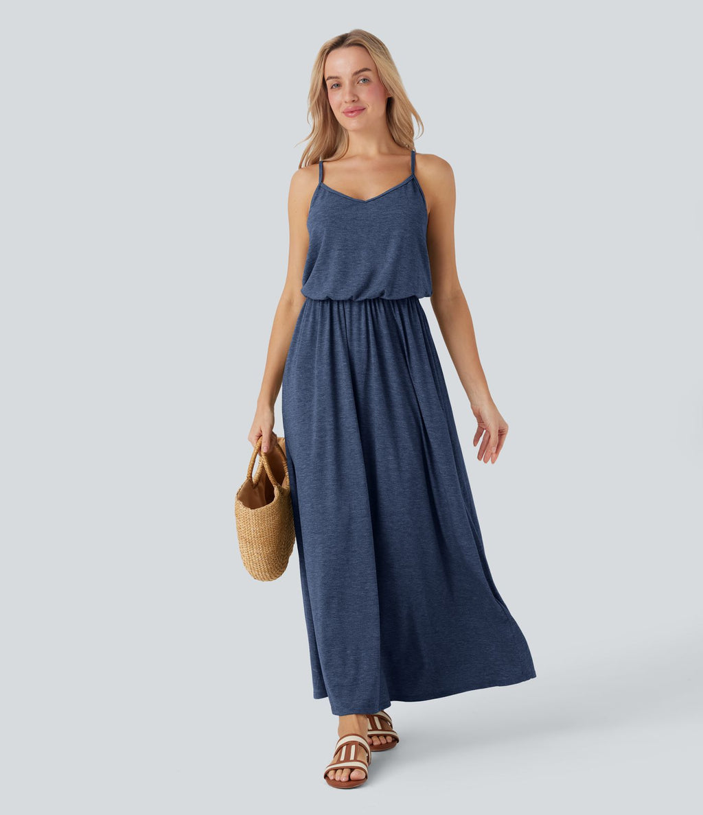 Robe longue fluide type nuisette à bretelles ajustables avec poches