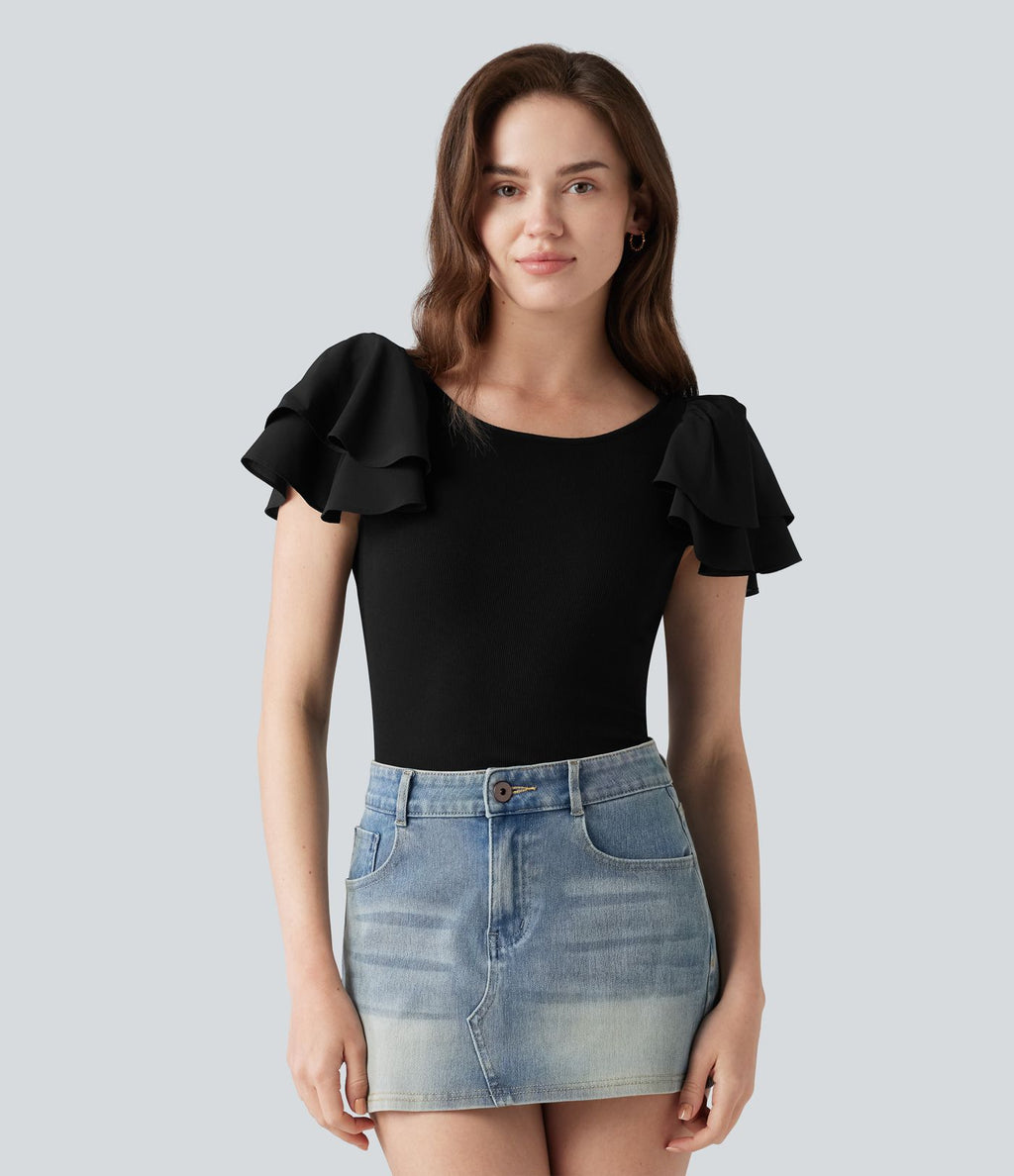 Blouse décontractée col rond à manches à volants étagées