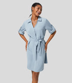Robe-chemise décontractée à col, manches retroussables et ceinture