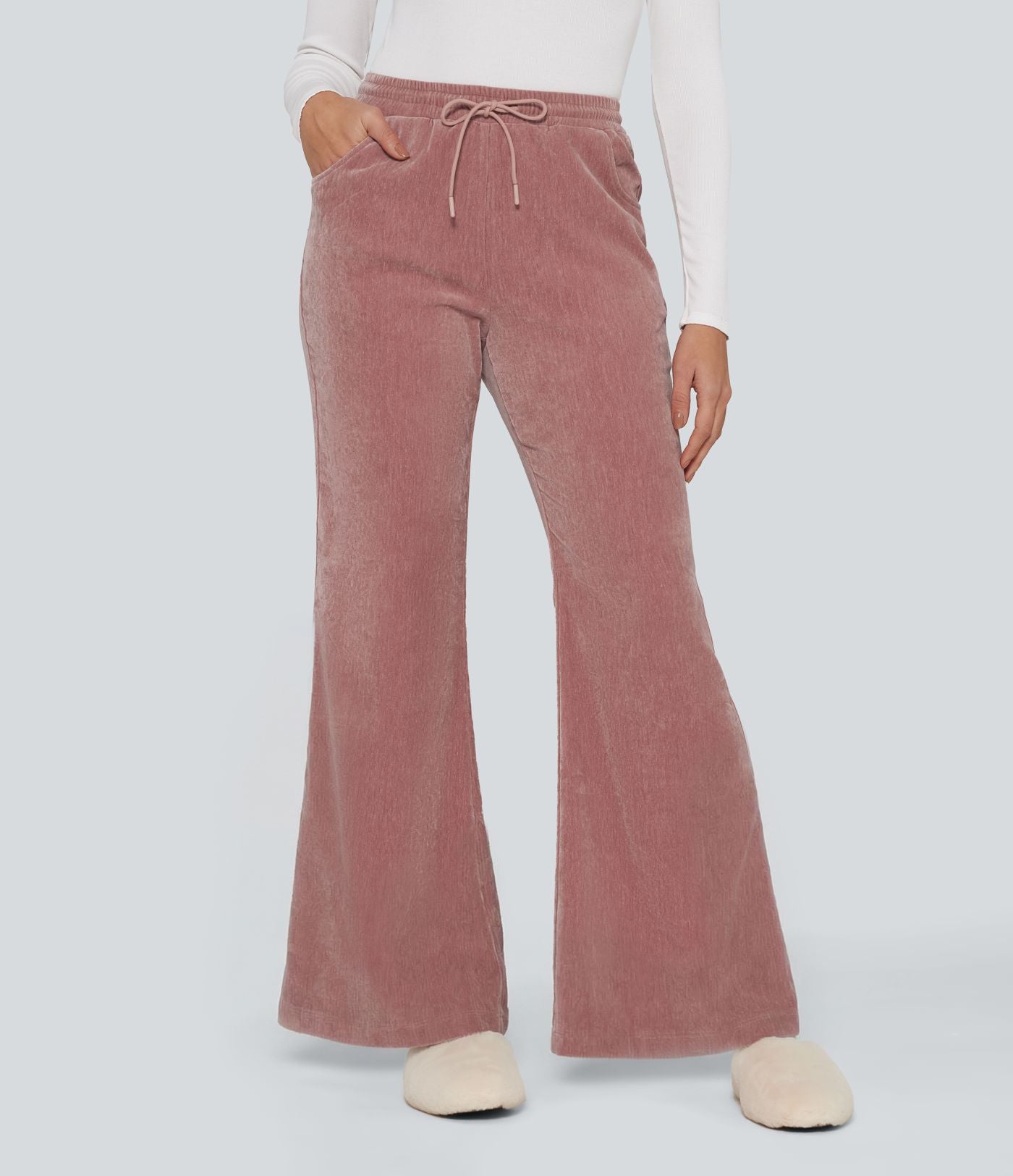 Pantalon de détente évasé en velours taille haute avec cordon de serrage et poches