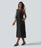 Robe décontractée midi col rond sans manches à rayures dos ajouré avec poches